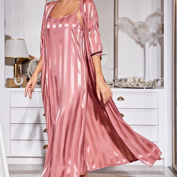 Striped Flounce Sleeve Open Front Robe and Cami Dress Set - Picture 8 of 11